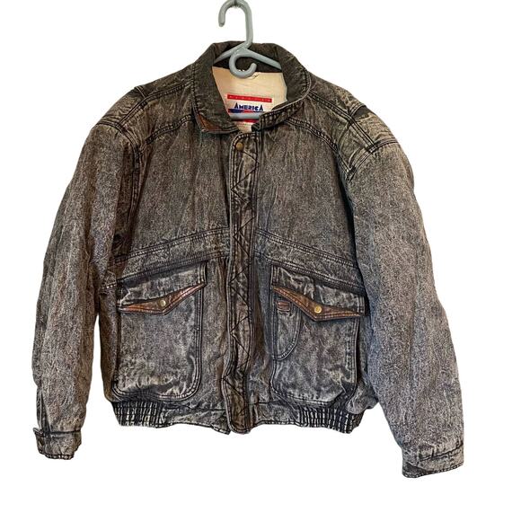america Jackets & Blazers - Vintage America Large Acid Wash Black Gray Cotton Leather Zip Winter Bomber